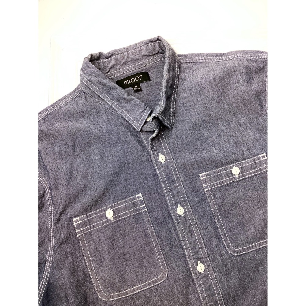 Proof Mens Chambray Button Down Shirt Blue Long Sleeve Contrast Stitch Size M